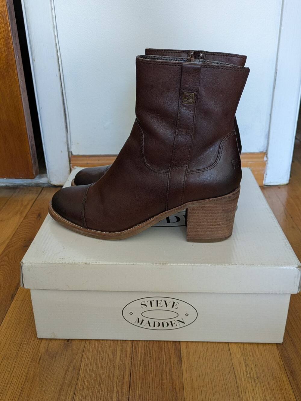 Sperry Brown Leather Mid-Calf Block Heel Boots